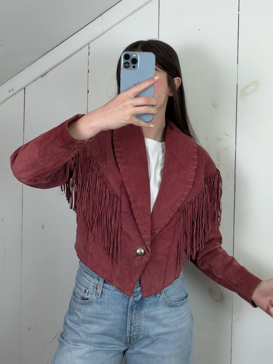 Acetip Jackets & Blazers - Vintage Red Suede Leather Cropped Fringe Jacket Women’s S Western Festival Boho